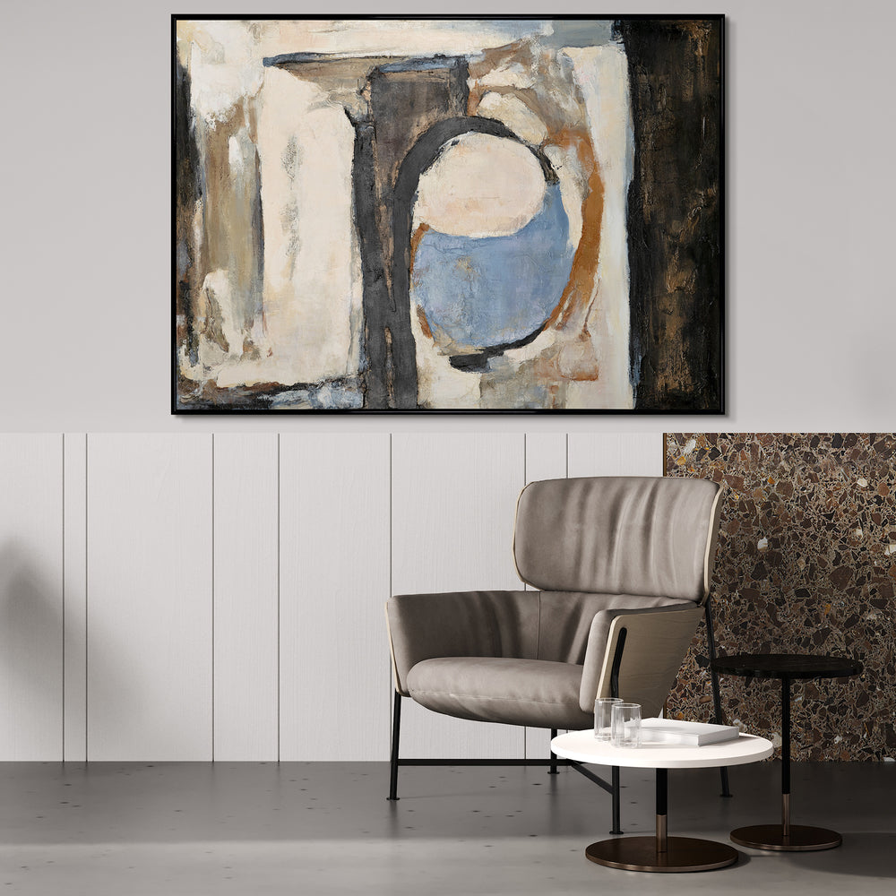 Abstraktes handgemaltes Gemälde in Blau, Beige und Schwarz in einem modernen Wohnzimmer, gerahmte Kunst für Wohnzimmer, zeitgenössische Wanddekoration, moderne Acrylmalerei, große abstrakte Kunst, elegante Wohnzimmerdekoration, Kunst mit Textur und Tiefe, einzigartiges Wandbild, luxuriöse Innenraumkunst, exklusive Wandkunst im schwarzen Rahmen