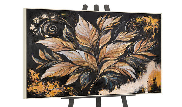 Acrylbild Blätter – Leinwand in Schwarz-Gold mit Beigerahmen