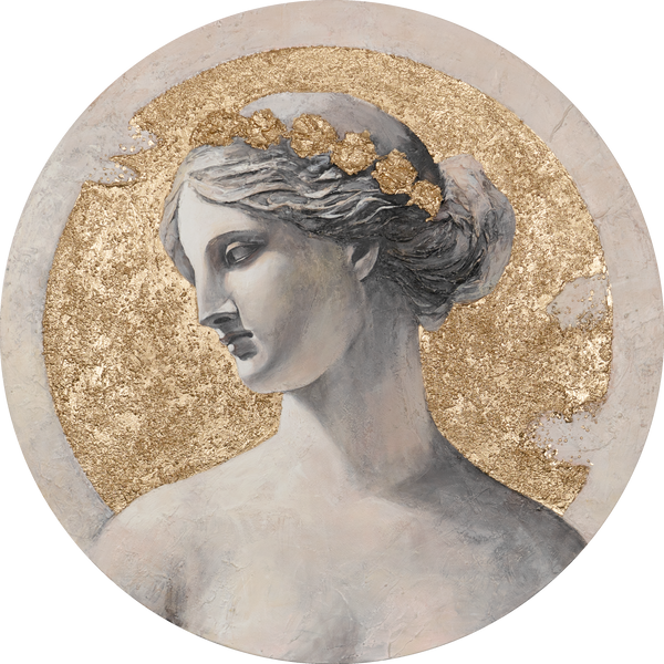 Modern Gold Wall Art "Muse of Light" – Round Hand-Painted Canvas for Luxury Decor
