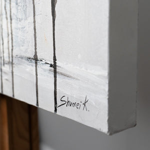 signiertes acrylbild auf leinwand, kunstwerk mit künstler signatur, detailaufnahme gemälde ecke mit struktur