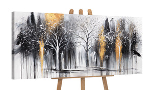 abstraktes baum gemälde auf staffelei, moderne leinwandkunst schwarz weiß gold, handgemaltes wald bild mit struktur effekt