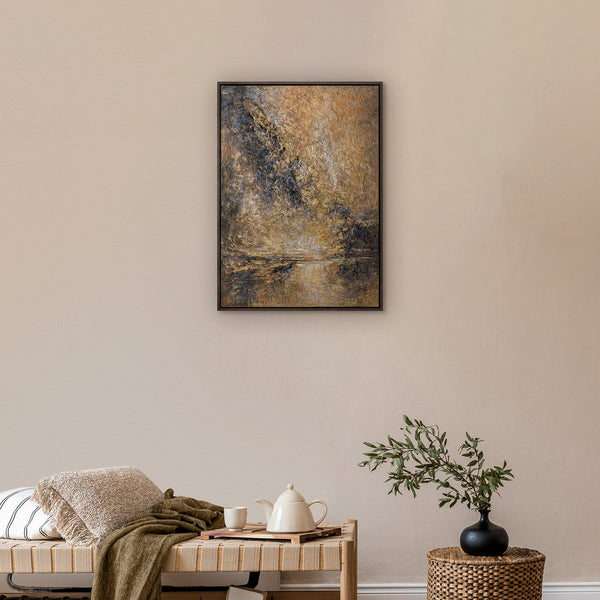 Abstraktes Goldgemälde „Goldener Strom" im modernen Wohnzimmer – Wanddeko in Gold und Bronze, 50x70 cm