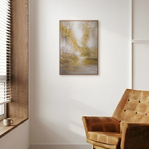 Goldenes Landschaftsbild „Sanftes Leuchten" im modernen Wohnzimmer – elegante Wanddeko in Gold und Beige