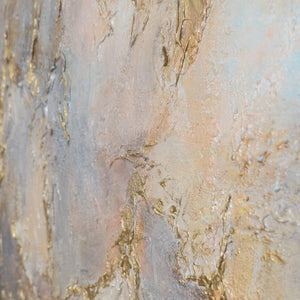Handgemaltes Hochformat Wandbild „Goldener Regen" – abstrakte Komposition in Gold, Grau und Orange, 50x70 cm