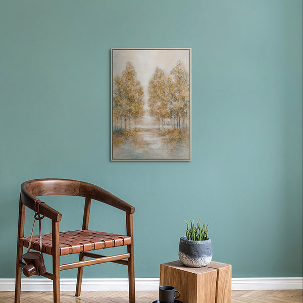 Goldenes Waldgemälde im Boho Interieur – Original Herbst Naturgemälde kaufen bei YS-Art