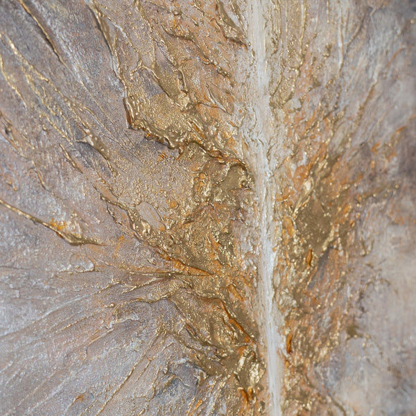 Gold explodiert um eine Linie – kosmische Reliefstruktur handgemalt in Gold und Grau