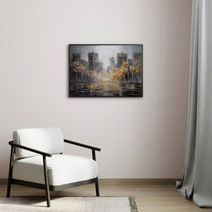 Goldenes Panorama Stadtgemälde über dem Sofa im modernen Wohnzimmer – handgemaltes Wandbild in Schwarz und Gold