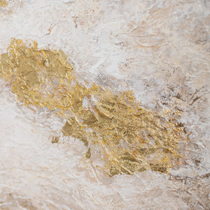 Schwebende Goldreliefs auf Beige-Creme – handgemaltes Strukturbild mit warmem Holzrahmen