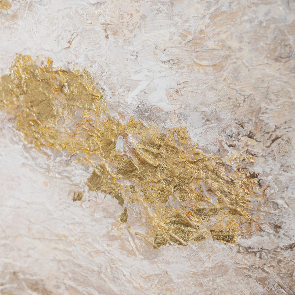 Schwebende Goldreliefs auf Beige-Creme – handgemaltes Strukturbild mit warmem Holzrahmen