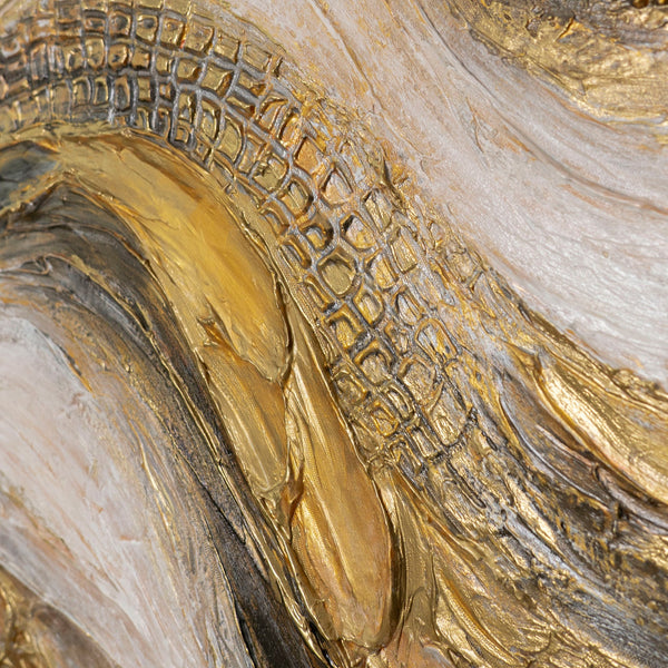Großformatige Reliefwabenmuster in Gold – Nahaufnahme des Acrylgemäldes „Goldene Wellen"