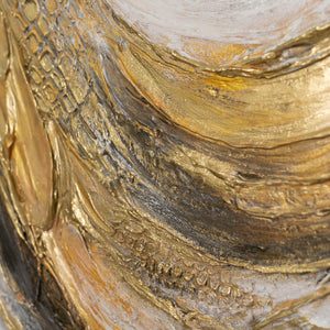Kraftvolle Goldwellen mit Reliefstruktur – dramatisches Strukturbild in Gold, Weiß und Dunkelgrau