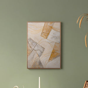 „Abstrakte Formen" im modernen Wohnzimmer – geometrisches Gold-Grau Wandbild als strukturierte Wanddeko