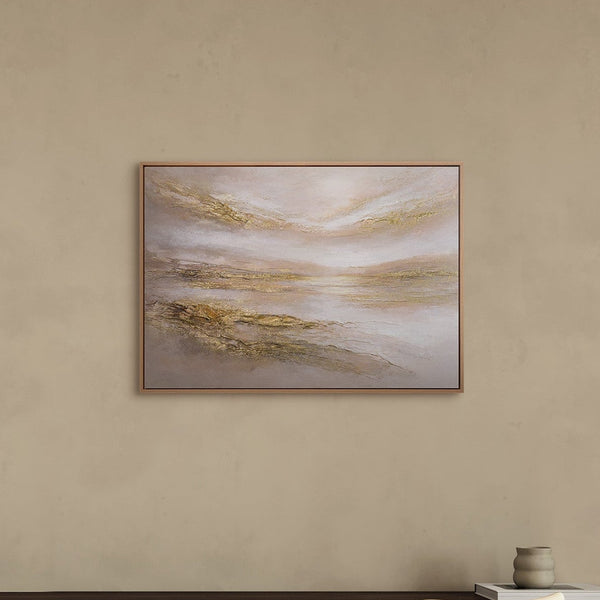 „Stiller Horizont" im modernen Schlafzimmer – abstraktes Rosa-Gold Panoramabild als Wanddeko