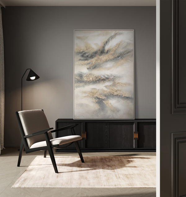 Hand-Painted Acrylic Painting in Gray & Gold – Abstract Wall Decor "Cloud Melody"