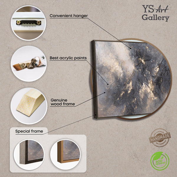 Modernes Acrylbild Grau Gold mit Rahmen – Abstrakte Wandkunst „Himmelsglühen“