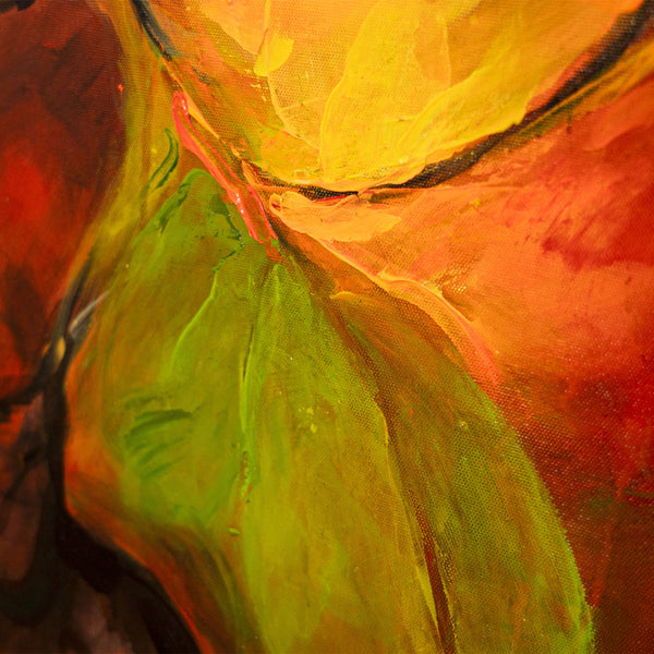 Abstraktes Leinwandbild mit dynamischer Farbbewegung in Grün