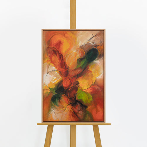 Handgemaltes Herbstbild „Herbsttanz" auf Staffelei – organische Formen in Orange & Rot, Naturrahmen