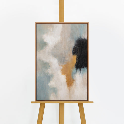 Handgemaltes Acrylbild „Lichtübergänge" auf Staffelei – atmosphärische Übergänge in Grau, Blau & Gold, Naturrahmen