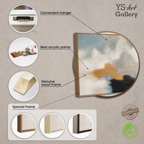 Abstract painting with frame - Modern wall art in beige, blue, and gold "Light transitions"