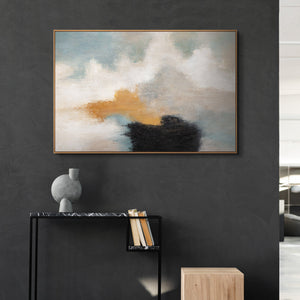Abstract painting with frame - Modern wall art in beige, blue, and gold "Light transitions"