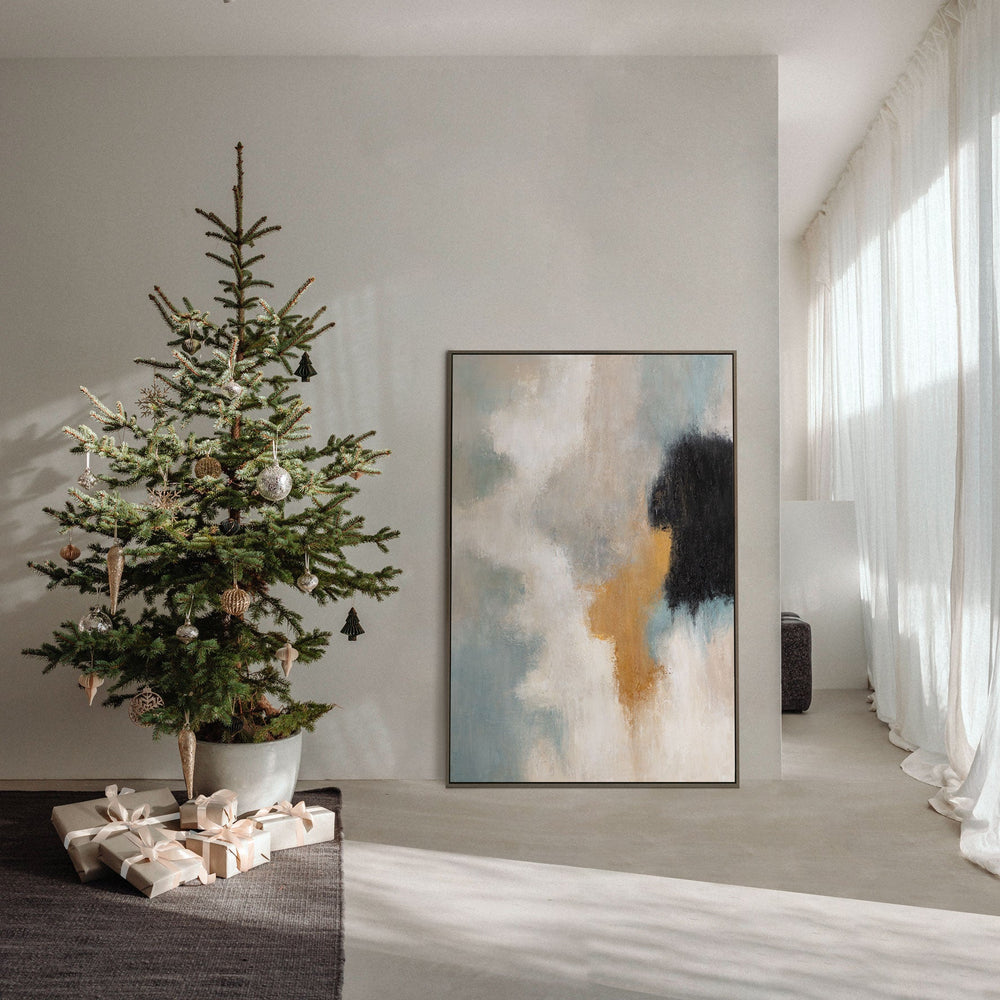 Framed acrylic painting “Light Transitions” – Abstract wall art in blue and gold