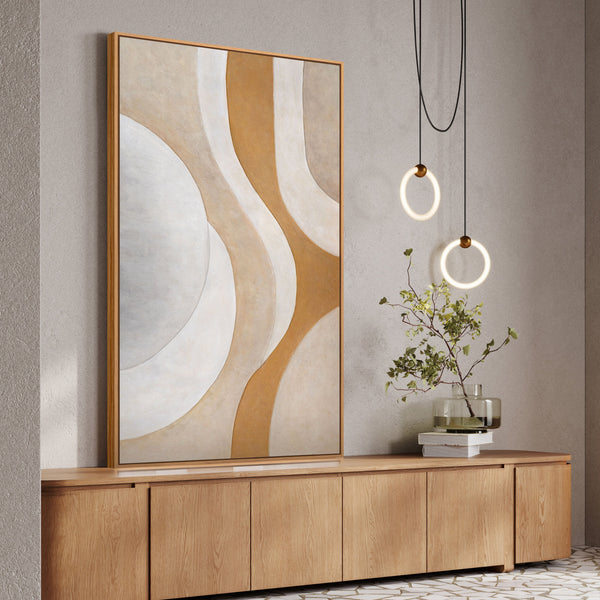Abstraktes Leinwandbild mit geometrischen Bögen in Beige