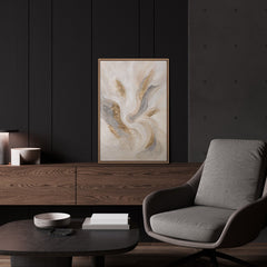 Luxuriöses Strömungsbild „Strahlende Ströme" im modernen Wohnzimmer – helle Wanddeko in Creme und Gold