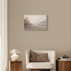 Minimalistisches Gemälde „Grenzen der Illusion" im modernen Wohnzimmer – neutrale Wanddeko in Beige und Grau