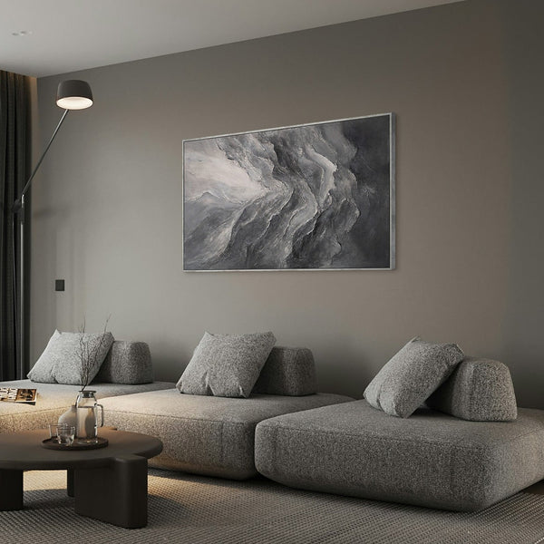 Modernes abstraktes Acrylbild in Grau – Struktur Wandkunst mit Rahmen „Erinnerung der Felsen“