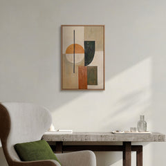 Geometrisches Gemälde „Gleichgewicht" im modernen Wohnzimmer – Bauhaus-Wanddeko in Erdtönen