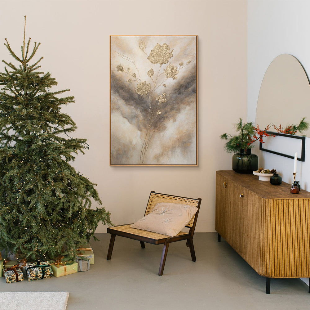 Framed canvas print "Glows in the Clouds" – Abstract flowers in gold tones