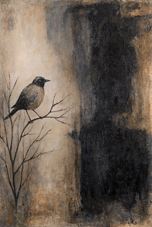 Handgemaltes Bild mit Rahmen „Ast und Schatten“ – Moderner Wanddeko in Beige und Schwarz