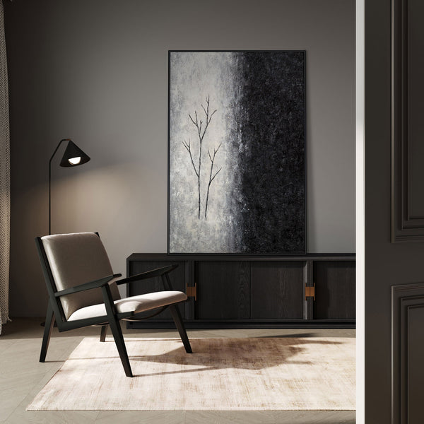 Handgemalte Acrylmalerei mit Rahmen „Atem des Winters“ – Abstrakte Kunst in Schwarz-Weiß