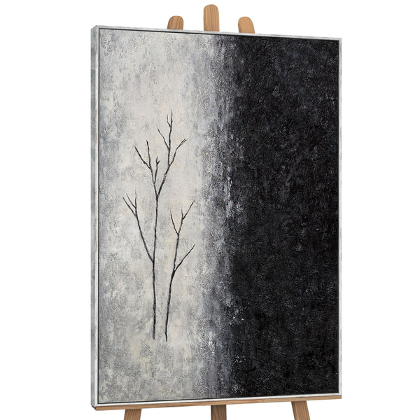 Handgemalte Acrylmalerei mit Rahmen „Atem des Winters“ – Abstrakte Kunst in Schwarz-Weiß