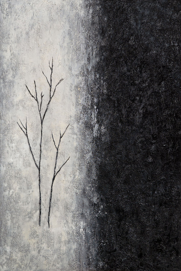 Handgemalte Acrylmalerei mit Rahmen „Atem des Winters“ – Abstrakte Kunst in Schwarz-Weiß