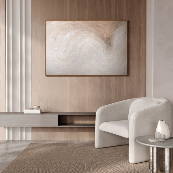 Abstraktes Leinwandbild in hellem Beige mit Struktur, modernes Wandbild im Wohnzimmer