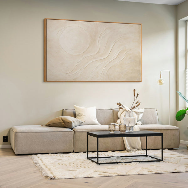 Abstract canvas painting "Sandy Sun" in warm beige tones - modern paintings with frame