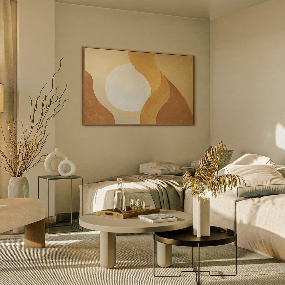 Ruhige abstrakte Kunst auf Leinwand im Rahmen mit Licht „Umarmung der Morgendämmerung“