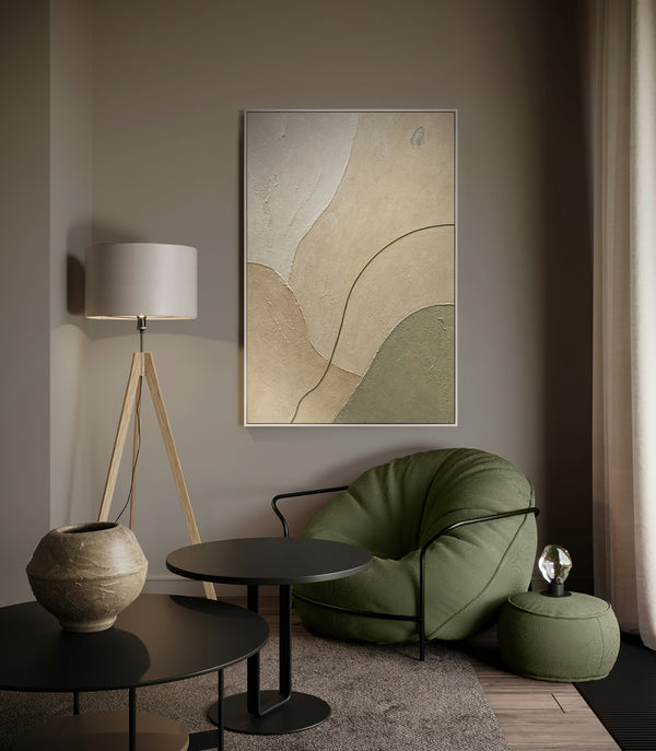 Abstract acrylic painting with frame "Sand Path" – Modern wall art in beige and green