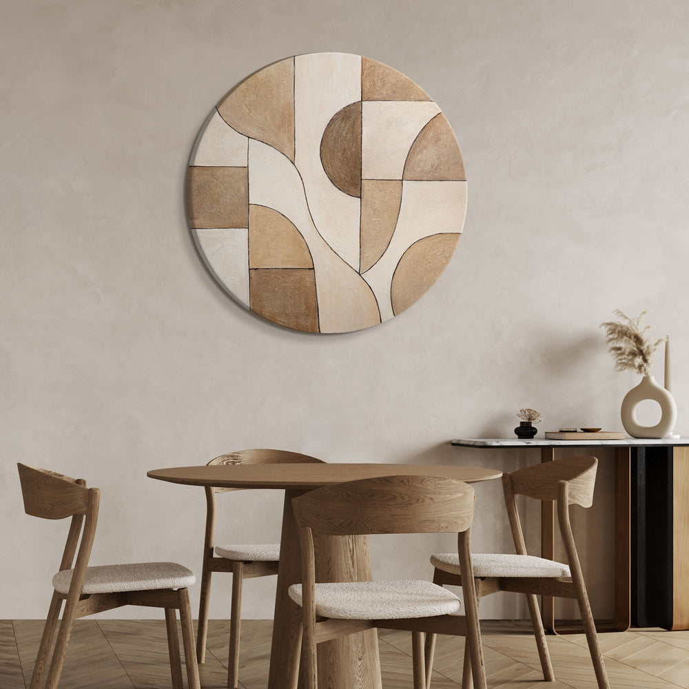 Round acrylic painting “Ornaments of Time” – Abstract structural art in earth tones