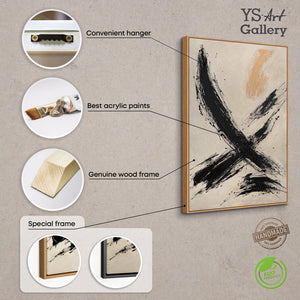 Leinwandbild mit Rahmen „Kraft des Pinselstrichs“ – Handgemalte abstrakte Kunst in Schwarz-Beige