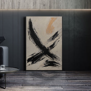 Leinwandbild mit Rahmen „Kraft des Pinselstrichs“ – Handgemalte abstrakte Kunst in Schwarz-Beige