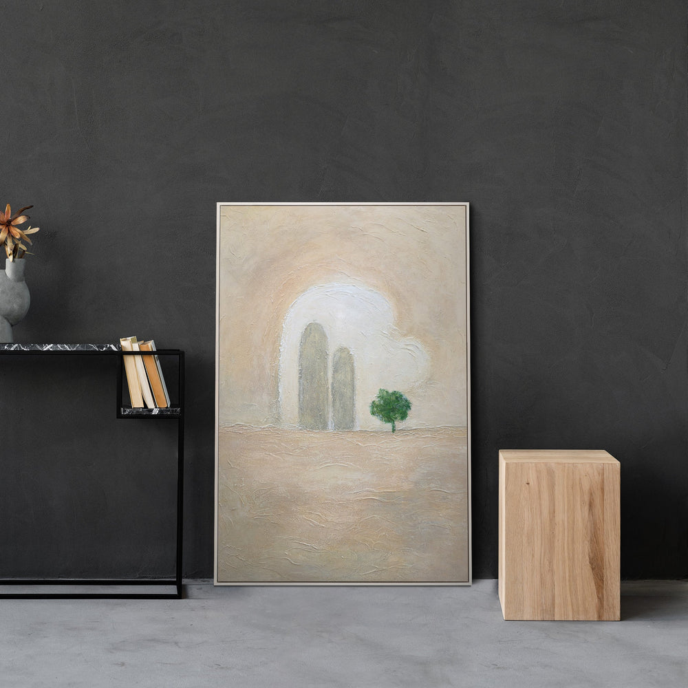 Abstract acrylic painting with frame “Green Accent” – Minimalist wall art on canvas