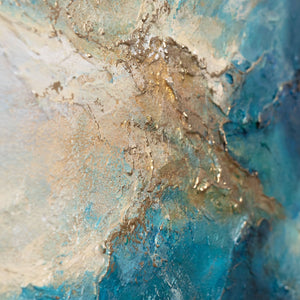 Abstraktes Kunstbild mit mineralischer Textur in Beige, Blau und Gold