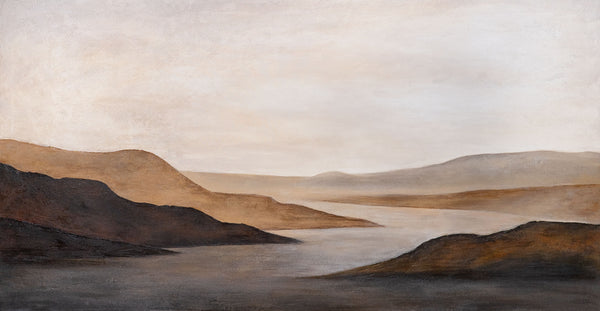 Leinwandbild modern mit Rahmen „Sanfter Sonnenaufgang“ – Abstrakte Kunst in Erdtönen