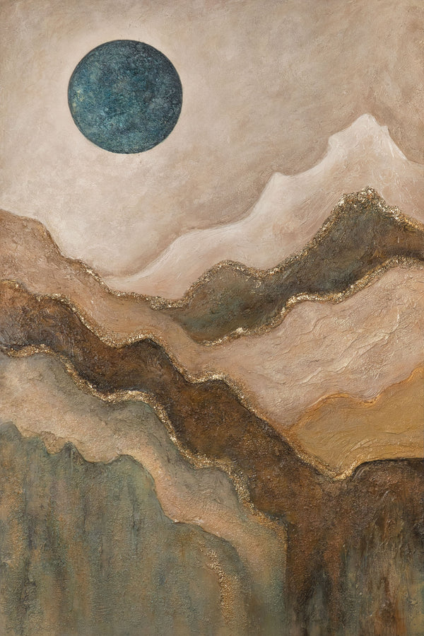 Hand-Painted Canvas Painting "Emerald Sun" – Abstract Artwork in Green and Brown