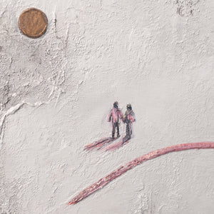 Unique Hand-Painted Wall Clock – White Relief, Pink Path & Two Figures, 35×35 cm