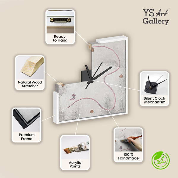 Unique Hand-Painted Wall Clock – White Relief, Pink Path & Two Figures, 35×35 cm