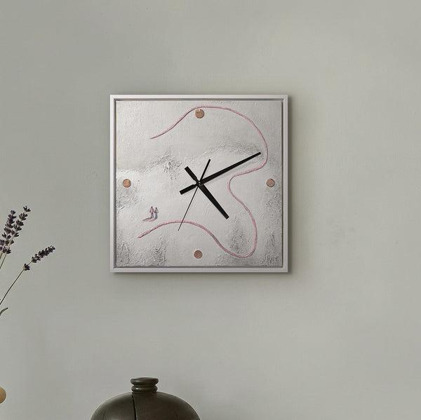 Unique Hand-Painted Wall Clock – White Relief, Pink Path & Two Figures, 35×35 cm