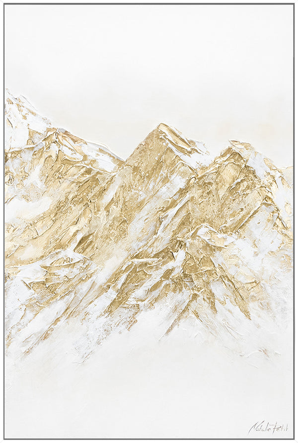 Hand-painted canvas painting “Zugspitze” – abstract mountain landscape in white and gold